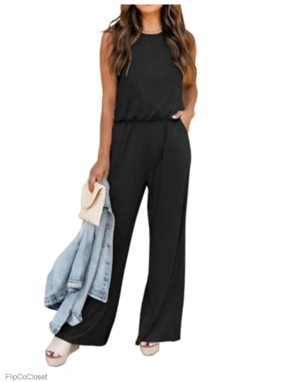 Lace Trim Sleeveless Loose Jumpsuit with Pockets, Keyhole Back, Wide Leg, Solid